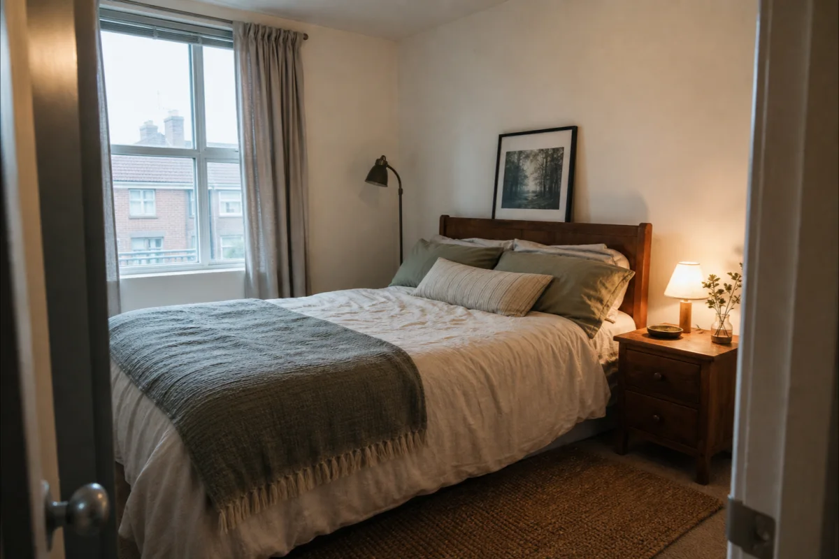 A realistic small rental bedroom with layered bedding, warm lamps, simple curtains, and second-hand furniture