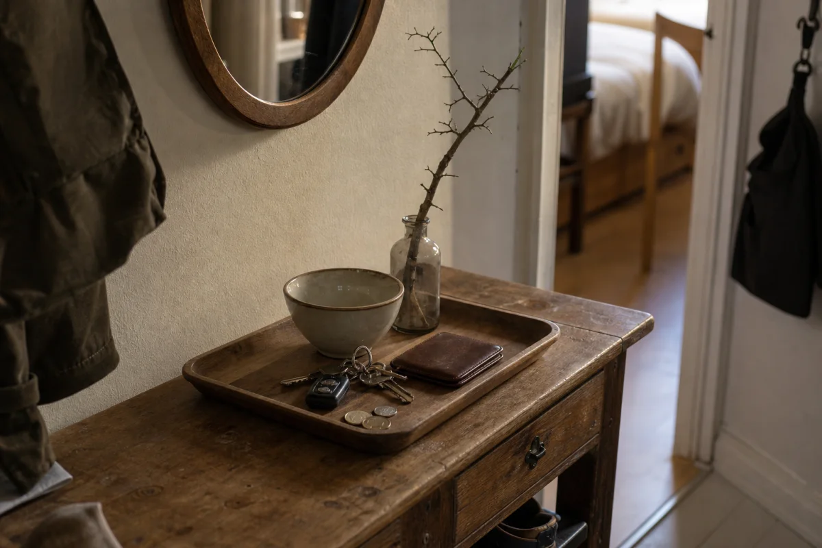 A realistic wooden tray on a small apartment console holding keys, a small bowl, and one simple branch