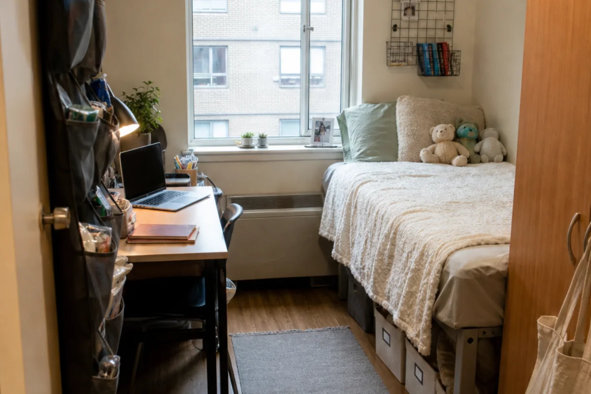 A realistic compact dorm bedroom with raised bed storage, an orderly desk, and an over-door organiser