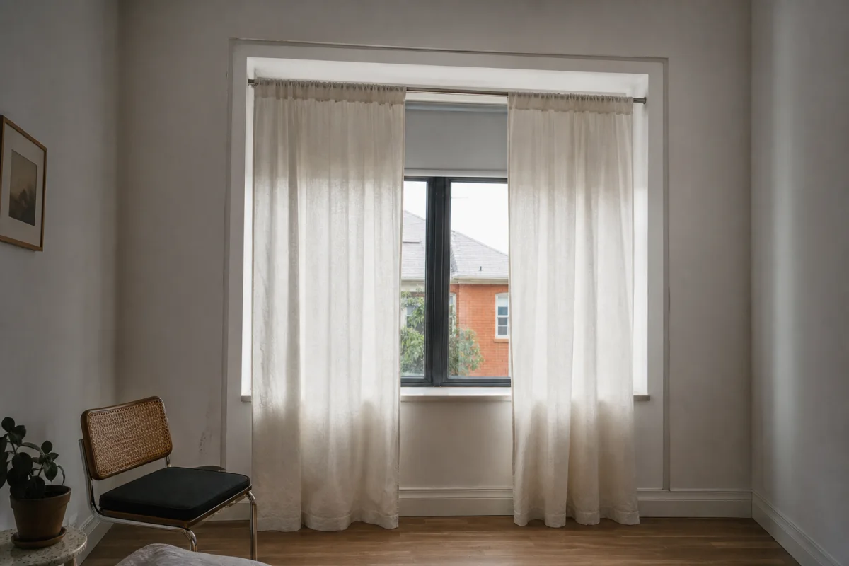 A realistic rental apartment window with lightweight curtains fitted neatly without a conventional drilled curtain pole