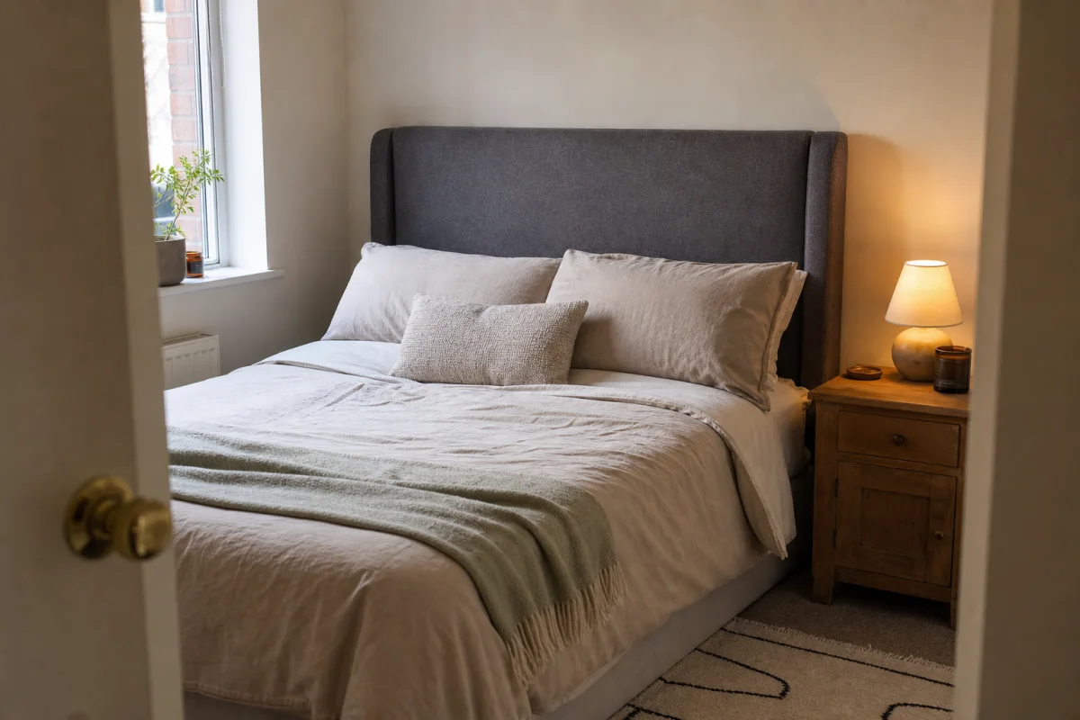 A realistic small rental bedroom with a freestanding upholstered headboard and no visible wall fixings