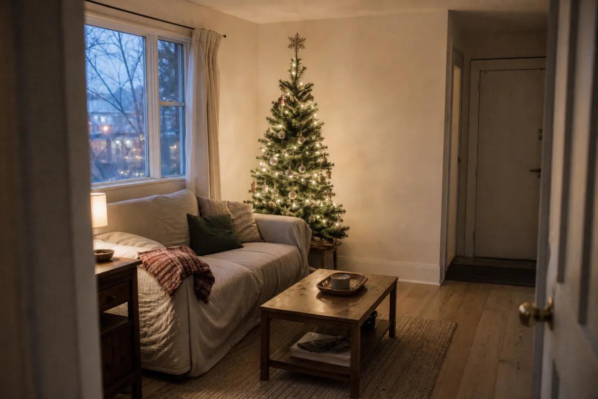 A realistic small rental apartment decorated subtly for Christmas with a compact tree and warm lights