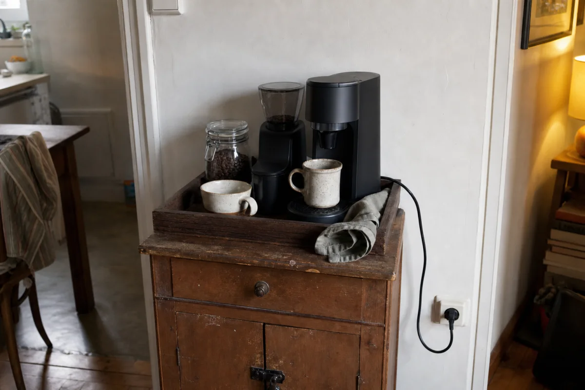 A realistic compact apartment coffee station on a narrow cabinet with cups, beans, and concealed storage