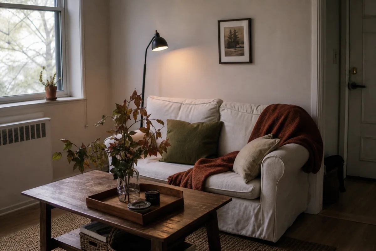 A realistic small apartment living room with subtle rust-coloured textiles, branches, and warm evening light