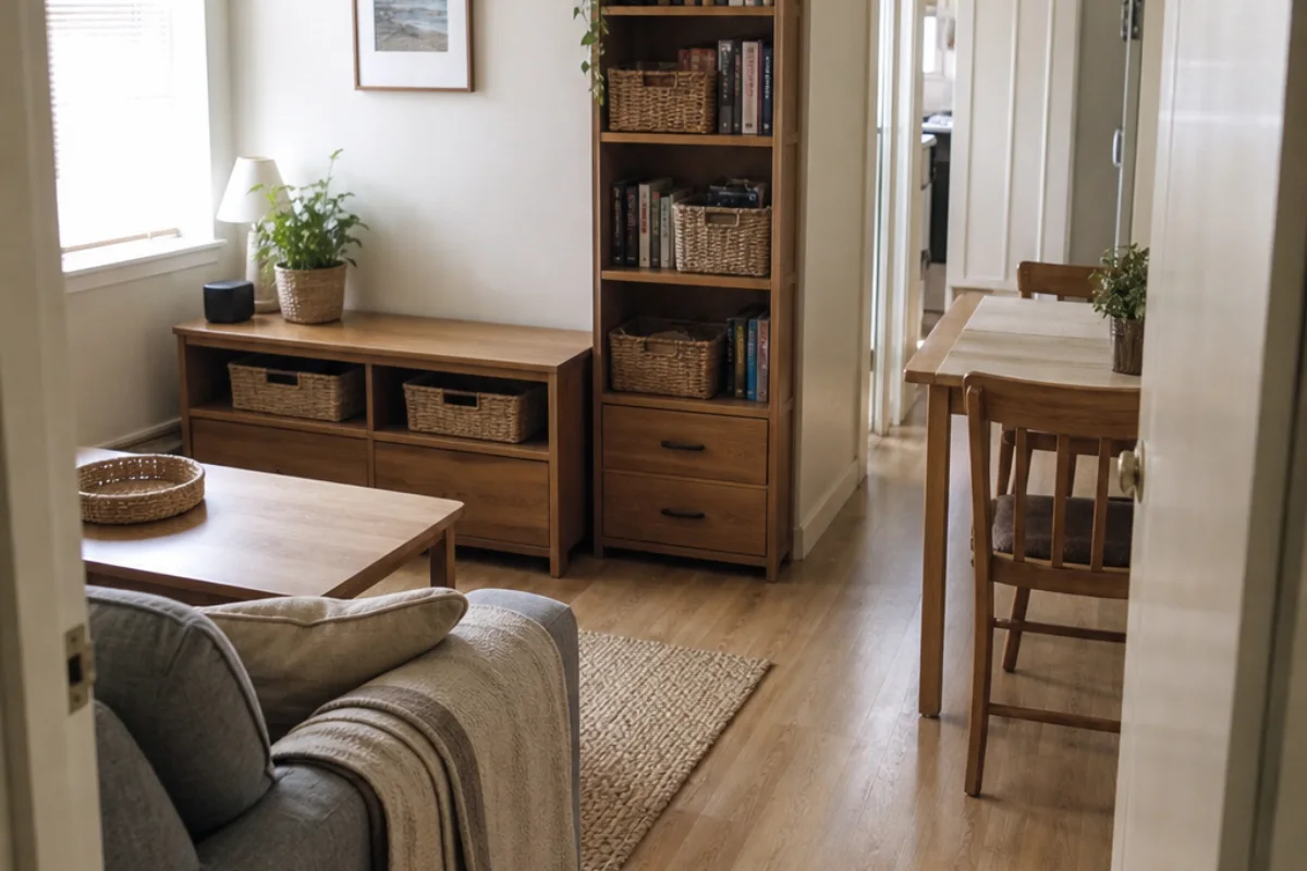 A realistic compact apartment living area with vertical storage, concealed baskets, and clear walkways