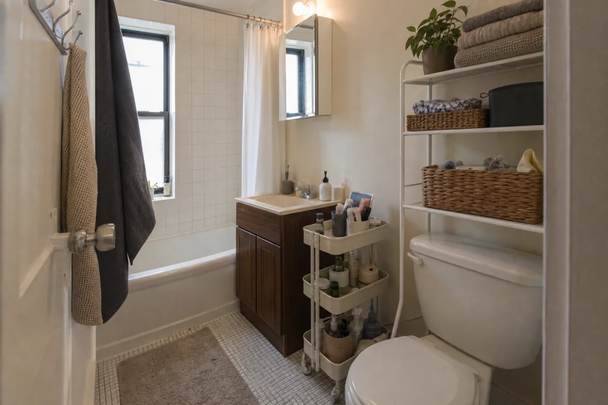 A realistic compact rental bathroom with an organised vanity, narrow trolley, and over-door storage