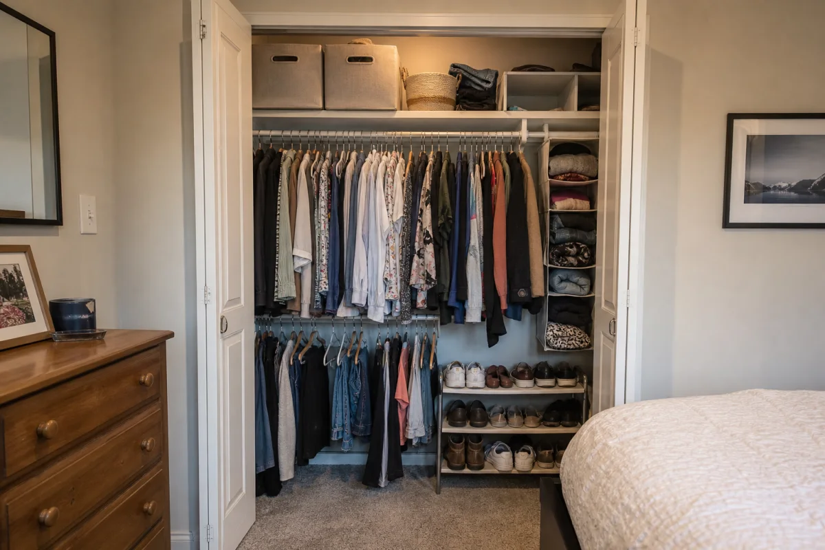 A realistic compact rental closet with divided shelves, double hanging rails, shoe storage, and labelled boxes