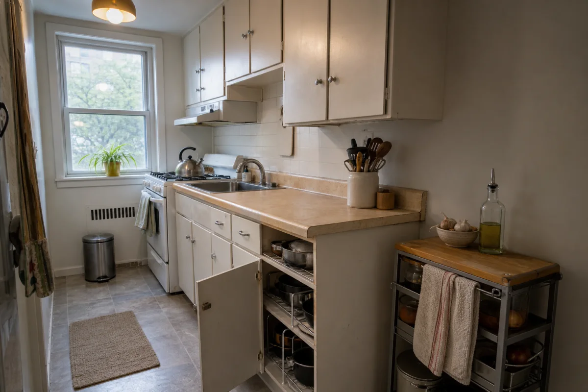 A realistic tiny apartment kitchen with tidy open shelves, organised cupboards, and clear worktops
