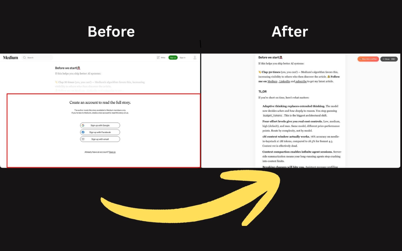 OpenArticle before and after showing a Medium paywall and the full article reader