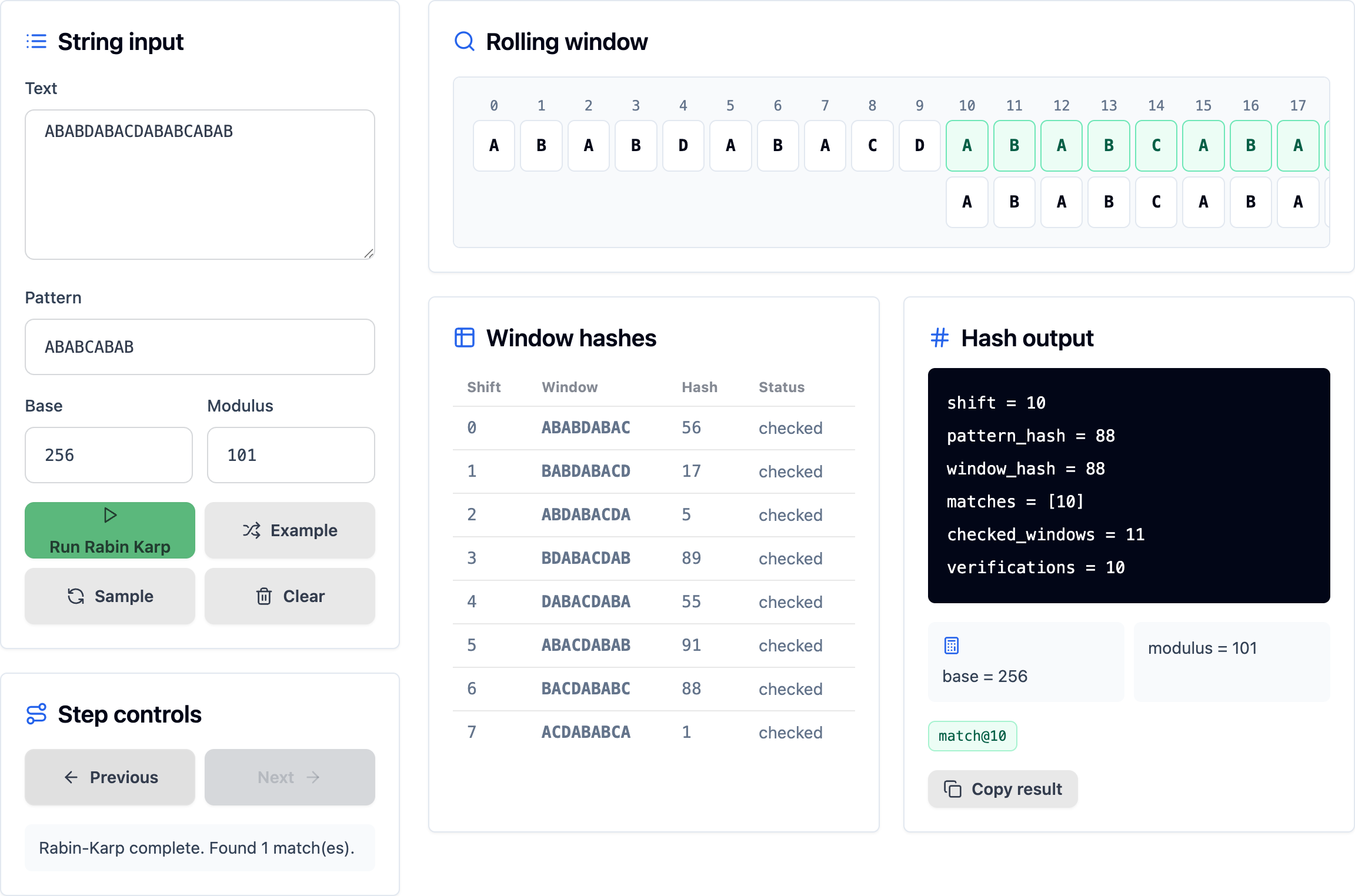 Rabin Karp visualizer showing a completed rolling-hash match at index 10